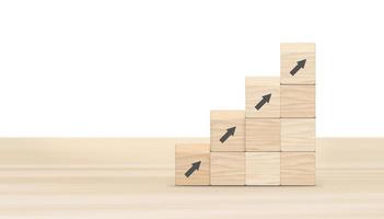 Business growth up banner concept. On table arrow go up on wood block stacking same as step stair background. Abstract Success stock market. management achievement. 3D illustration. photo