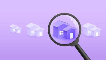 Magnifying glass with purple house. Hunting and searching concept. 3D illustration. photo