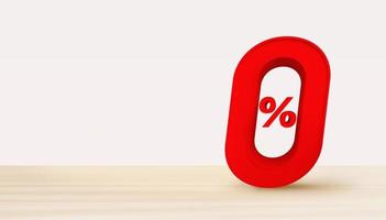 0 Percent, Red zero percentage for special offer of shopping department store discount and banking interest rate banner. 3D illustration. photo