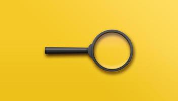 Magnifying glass on yellow background. Top view. Flat lay. Copy space. 3D illustration. photo