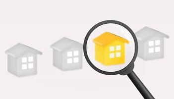 Magnifying glass with yellow house. Hunting and searching concept. 3D illustration. photo