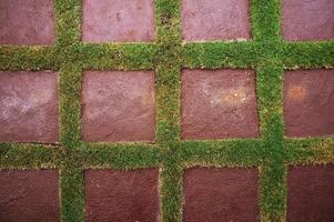 pavimento de hormigón marrón de textura fluida cubierto de hierba.
