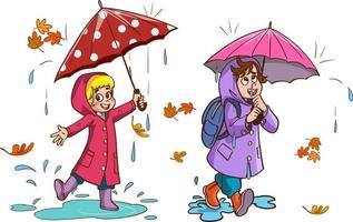 Smiling Little Kids Jumping in a Puddle in Rainy Day Vector Illustration