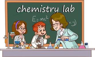 Vector illustration of lecture in Chemistry Class.Cartoon students and teacher doing research in lab.