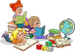 cute little kids reading books vector