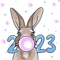 Bunny blowing a balloon, cute illustration with the number 2023, in delicate colors vector