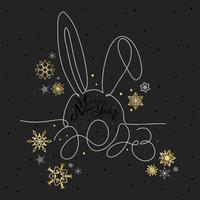 Happy New Year greeting card with number 2023, rabbit silhouette with golden snowflakes vector