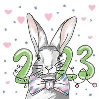 Bunny in garlands and a bow tie, illustration with the number 2023 vector