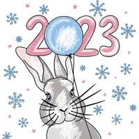 lindo conejito con un globo en copos de nieve, ilustración con el número 2023 vector