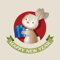 Happy Chinese new year greeting card. 2023 Rabbit zodiac. Cute baby rabbit with gift in red round window with banner Happy new year. Animal cartoon character. vector