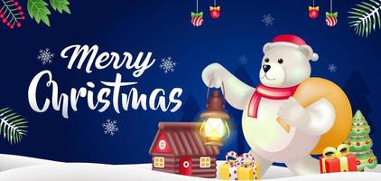 Merry Christmas, 3d illustration of a polar bear carrying a gift holding a lantern vector