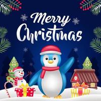 feliz navidad, ilustración 3d de pingüino con adornos navideños vector