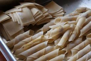 The process of making or cooking an kacang sembunyi , Popular snack from indonesia. Beans wrapped in a dough skin from flour . Deep fried using oil and  liquid sugar. photo