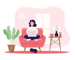 Vector illustration concept business woman practicing yoga and meditation in office. The girl sits in the lotus position, the thought process, the inception and the search for ideas. Time management