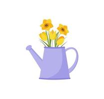 Jug of flowers, tulips and daffodils, spring bouquet of hydrangeas. Vector illustration.