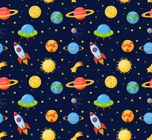 Cartoon Rocket Seamless vector pattern background isolated on navy blue color.