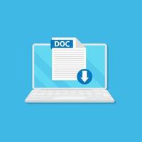 Download DOC icon file with label on laptop screen. Downloading document concept. Banner for business, marketing and advertising. Vector Illustration.