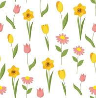 Seamless spring pattern with tulips and daffodils. vector