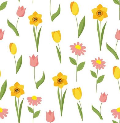 Seamless spring pattern with tulips and daffodils.