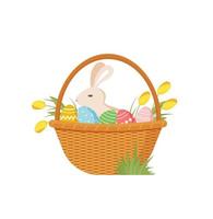 canasta festiva de pascua con un juego de huevos con un adorno y flores y conejito. feliz tarjeta de felicitación de Pascua. ilustración vectorial aislado sobre fondo blanco vector