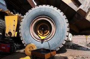 East Kutai, East Kalimantan, Indonesia, 2022 - Heavy Duty Construction Mining Dump Truck Tire and Axle. Maintenance at technical services box. photo