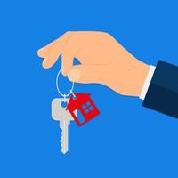 Buying a new home. Real estate agent gives a home keychain to a buyer. Vector illustration.