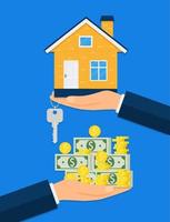 Buying a new home. Real estate agent gives a home keychain to a buyer. Vector illustration.