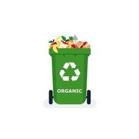 segregación de residuos. clasificación de basura por material y tipo en botes de basura de colores. utilización de residuos y concepto de ahorro ecológico. vector