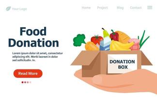 Food and grocery donation concept. Charity, food donation for needy people. Volunteering donate with nutrition products. Vector web banner.