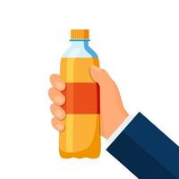 Plastic bottle of soda hold in hand. Vector illustration in flat style.