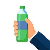 Plastic bottle of soda hold in hand. Vector illustration in flat style.