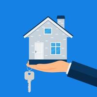 Buying a new home. Real estate agent gives a home keychain to a buyer. Vector illustration.