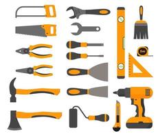 Carpentry Tools Flat Design Concept, yellow working tools collection isolated on white background vector