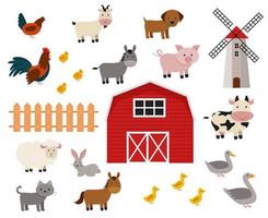 Cute farm animals set in flat style isolated on white background. Vector illustration