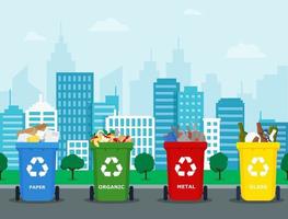 contenedores de almacenamiento de basura en un parque urbano moderno. para reciclar en las calles de la ciudad, papel, vidrio, plástico y botes de basura orgánicos. el concepto de utilizar residuos y salvar el medio ambiente. vector