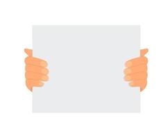 Flat illustration of hands holding a sheet of paper with place for text on a white background. Mockup notice. Read letter. Vector template for articles, brochures and your design.