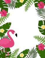 fondo de postal de verano con plantas y flores tropicales, flamencos. para tipográfico, pancarta, afiche, invitación de fiesta. ilustración vectorial eps 10 vector