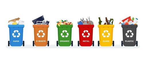 Waste segregation. Sorting garbage by material and type in colored trash cans. Waste utilization and ecology save concept. vector