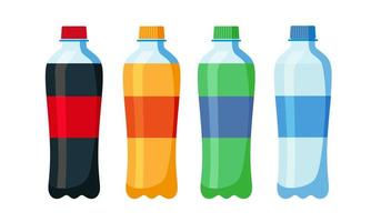 juego de refrescos en envases de plástico y aluminio. agua carbonatada con diferentes sabores. vector, ilustración en estilo plano aislado sobre fondo blanco vector