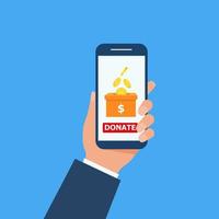 Hand holding smartphone and making online donation. Putting money in to the donation box in flat design. vector