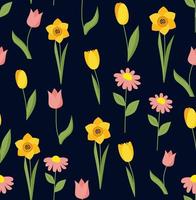 Seamless spring pattern with tulips and daffodils. vector