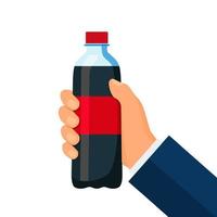 Plastic bottle of soda hold in hand. Vector illustration in flat style.