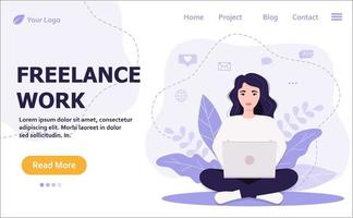 Flat vector concept illustration. A freelancer working at home with cat. Creative landing web page design template banner.