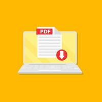 Download PDF button on laptop screen. Downloading document concept. File with PDF label and down arrow sign. Vector stock illustration.