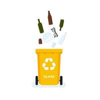 Waste segregation. Sorting garbage by material and type in colored trash cans. Waste utilization and ecology save concept. vector