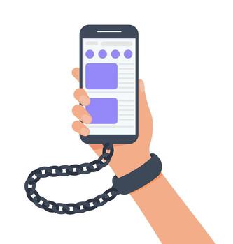 Hand in handcuffs holding smartphone with social network application vector flat illustration. Chained and shackled hand, addicted to social networking, Internet dependence concept.