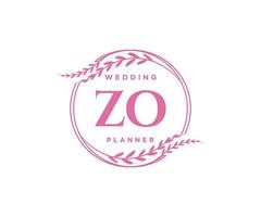 Colección de logotipos de monograma de boda con letras iniciales de zo, plantillas florales y minimalistas modernas dibujadas a mano para tarjetas de invitación, guardar la fecha, identidad elegante para restaurante, boutique, café en vector