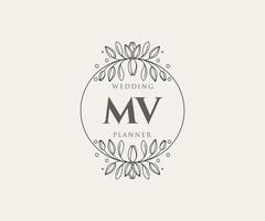 MV Initials letter Wedding monogram logos collection, hand drawn modern minimalistic and floral templates for Invitation cards, Save the Date, elegant identity for restaurant, boutique, cafe in vector