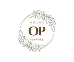 Colección de logotipos de monograma de boda con letras iniciales op, plantillas florales y minimalistas modernas dibujadas a mano para tarjetas de invitación, guardar la fecha, identidad elegante para restaurante, boutique, café en vector