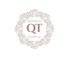 QT Initials letter Wedding monogram logos collection, hand drawn modern minimalistic and floral templates for Invitation cards, Save the Date, elegant identity for restaurant, boutique, cafe in vector